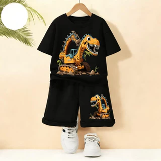 ชุดเสื้อ+กางเกงขาสั้นเด็กชาย ลายไดโนเสาร์รูปรถขุดสีเหลือง สไตล์เท่ห์ๆ คุณภาพดี ใส่สบาย