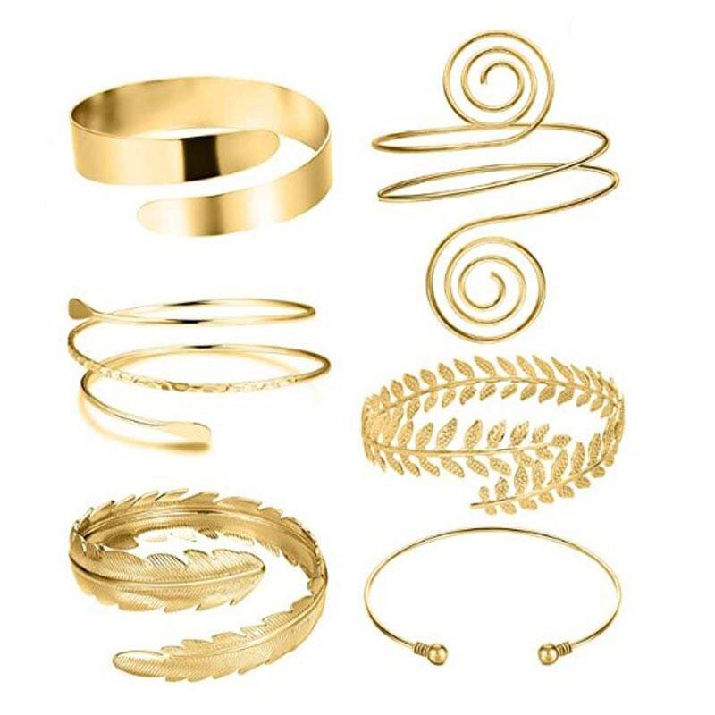 Arm Ring Jewelry Retro Simple High-Grade Metal Hollow Wide Bracelet Golden Leaf Rose Geometric Brace