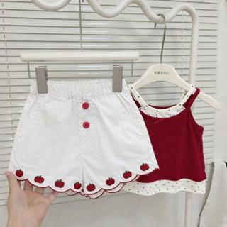 พร้อมส่งจากไทย ชุดเซ็ตเด็กผู้หญิง เสื้อสีแดงผ้าคอตตอนสายเดี่…