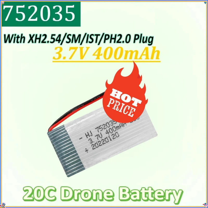 3.7V 400mAh ใหม่ 752035 แบตเตอรี่ Lipo พร้อม XH2.54 SM JST PH2.0 ปลั๊กอุปกรณ์เสริมเครื่องบินกําลังขย