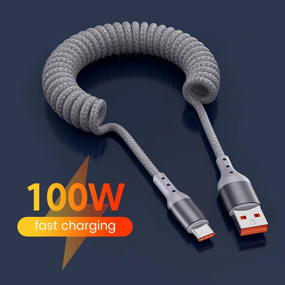 ข้อศอกสเตอริโอ USB/Type C ถึง Type C ฤดูใบไม้ผลิ Telescopic Data CABLE 100W Super Fast สายชาร์จไนลอนถักรถสายชาร์จสําหรับ IOS/Type C ราคา ถูกที่สุด ดีลบีเคเค แกลเลอรีภาพที่ 2