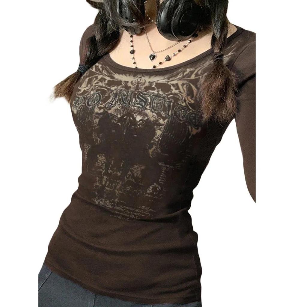Graphic Tees for Women Vintage Grunge Brown Clothes Y2k Shirt Basic Long Sleeve Round Neck Tops Aest