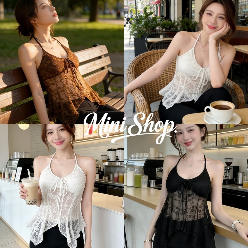 Mini shop🌸พร้อมส่ง🌸(FY9093)เสื้อแขนกุดผู้หญิงแฟชั่นผูกคอผ้าลูกไม้ สีพื้น  เซ็กซี่ เสื้อสายเดี่ยวเส้นเล็ก ใส่สบาย