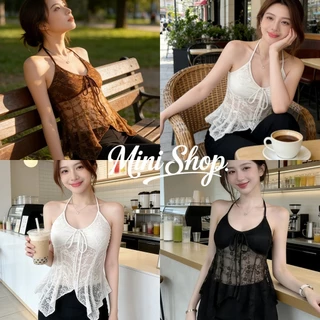 Mini shop🌸พร้อมส่ง🌸(FY9093)เสื้อแขนกุดผู้หญิงแฟชั่นผูกคอผ้าลูกไม้ สีพื้น เซ็กซี่ เสื้อสายเดี่ยวเส้นเล็ก ใส่สบาย