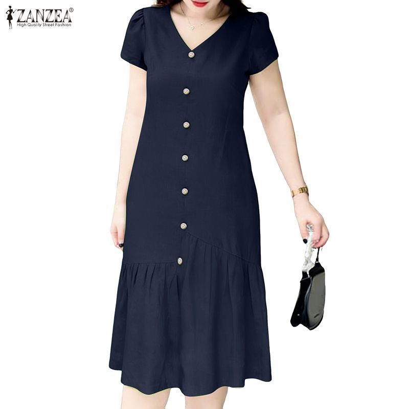ZANZEA ผู้หญิงเกาหลี Elegant V คอ Single-Breasted ไม่สม่ําเสมอ Ruffles Hem Midi Fishtail ชุด