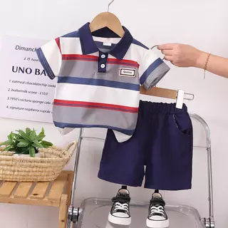 [Cotton Life] ชุดเสื้อโปโลกางเกงขาสั้นลายทาง สำหรับเด็กชาย 0-4 ขวบ ผ้าฝอน