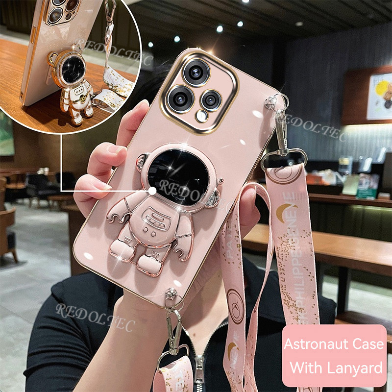 กรณี OPPO Reno15 Reno 15 Pro Max Reno 15Pro 5G ใหม่แฟชั่นน่ารัก 6D Electroplated เคสโทรศัพท์ OPPO Reno15 Pro พร้อมนักบินอวกาศขาตั้งยาว Crossbody Lanyard สําหรับหญิง