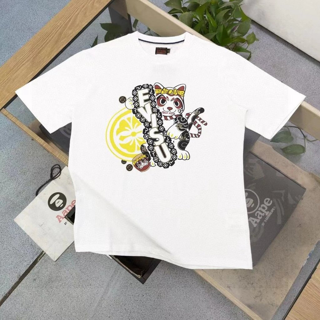 EVISU/God of Fortune 2026 Plus ขนาด 6XL Star รอบคอแขนสั้นเสื้อยืดคู่สไตล์ผู้ชาย Bottoming เสื้อ Join