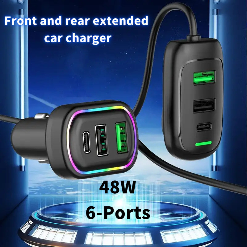 เครื่องชาร์จในรถยนต์ส่วนต่อขยายด้านหลัง USB Type-C 6 พอร์ตพร้อมไฟ RGB รองรับการชาร์จเร็ว PD เหมาะสําหรับ iPhone แท็บเล็ต แล็ปท็อป