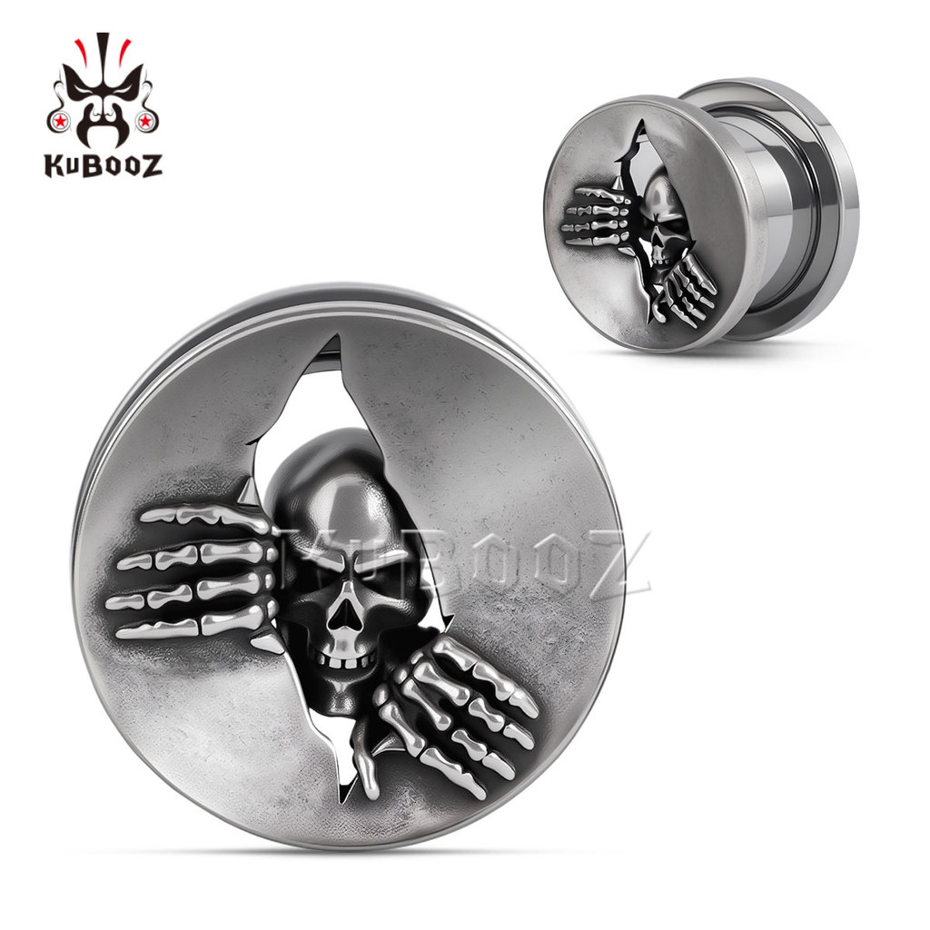 KUBOZ 2PCSVintageSkeletonSkull สแตนเลสอุโมงค์หู BodyPiercing อุปกรณ์เสริมความงามแบบยืด