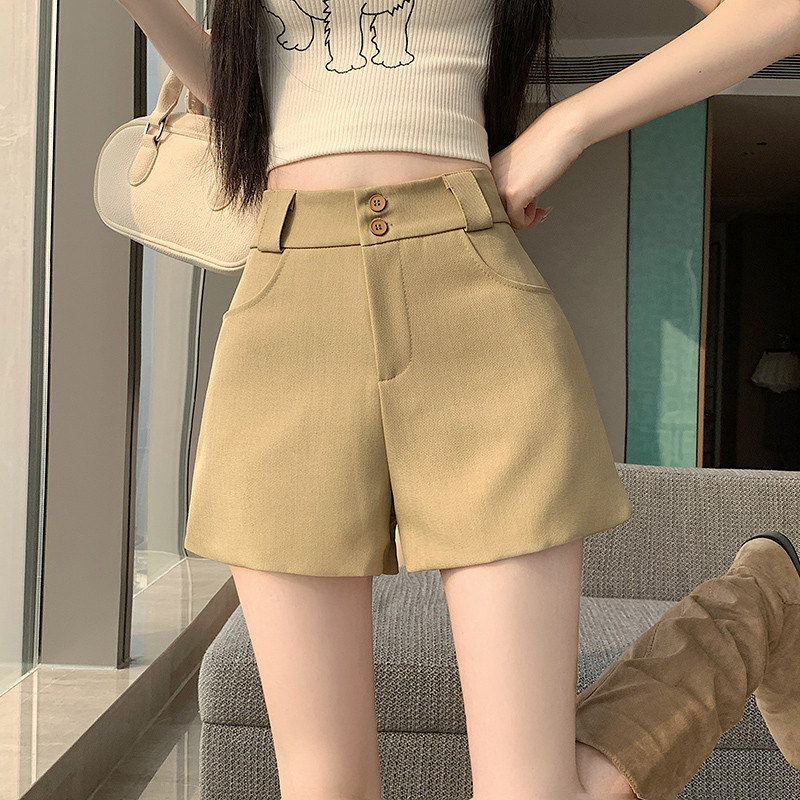 Old Money สไตล์สีกากี กางเกงขาสั้นผู้หญิง กางเกงขากว้างสวมใส่ง่าย เหมาะสมกับฤดูใบไม้ผลิและฤดูร้อน