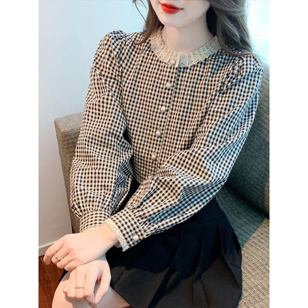 เสื้อเชิ้ตแขนยาวลายสก็อต ดีไซน์จับจีบไหล่แต่งลูกไม้ตรงคอและขอบแขน แฟชั่นฤดูใบไม้ร่องสไตล์ย้อนยุค 99217