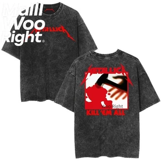(จัดส่งตลอด 24 ชั่วโมง)Woo Right ชายเสื้อยืดสีดำฟอกขาวรอบคอ "METALLICA คอลเลกชัน" พิมพ์เสื้อหลวมพอดีวินเทจทำเก่าด้านบน