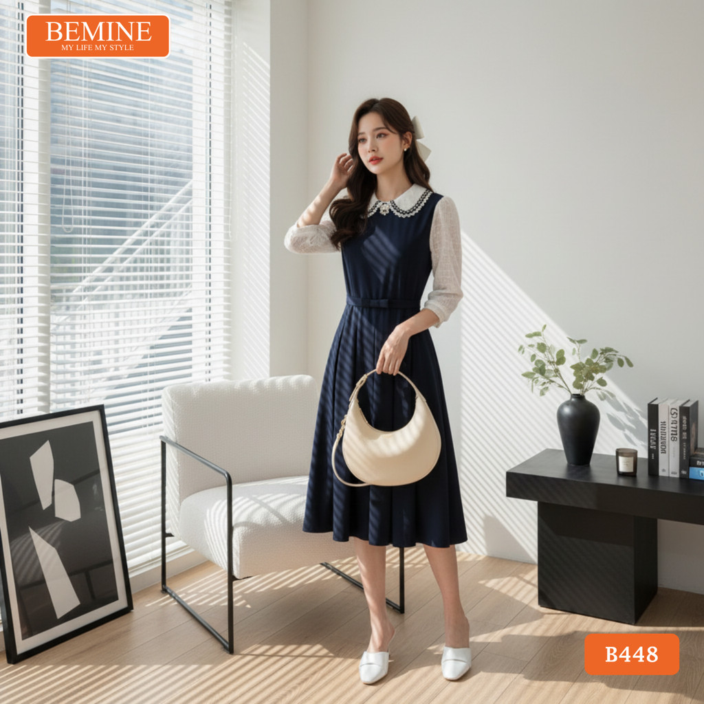 BEMINE เดรสดีไซน์ปกบัว ทรงเอลูกไม้ปักลายดอกไม้ เหมาะกับใส่ทํางาน-B448