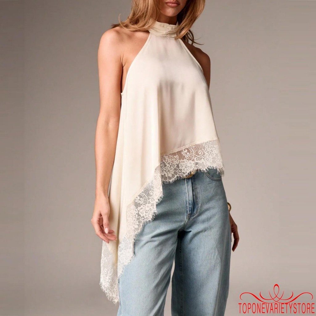 เสื้อสายเดี่ยว Halter Neck สำหรับผู้หญิง ลายลูกไม้ แขนกุดเปิดหลัง สไตล์ไม่สม่ำเสมอ เหมาะสำหรับฤดูร้อน