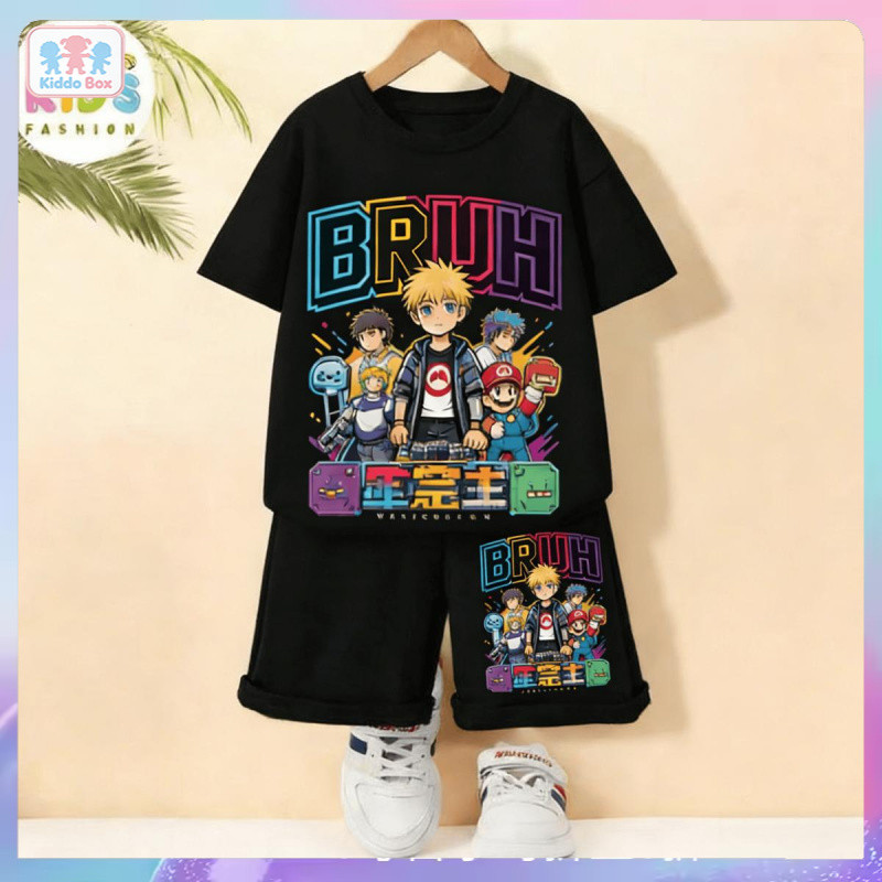 ชุดเสื้อ+กางเกงขาสั้นเด็กชาย ลายไดโนเสาร์รูปรถขุดสีเหลือง สไตล์เท่ห์ๆ คุณภาพดี ใส่สบาย