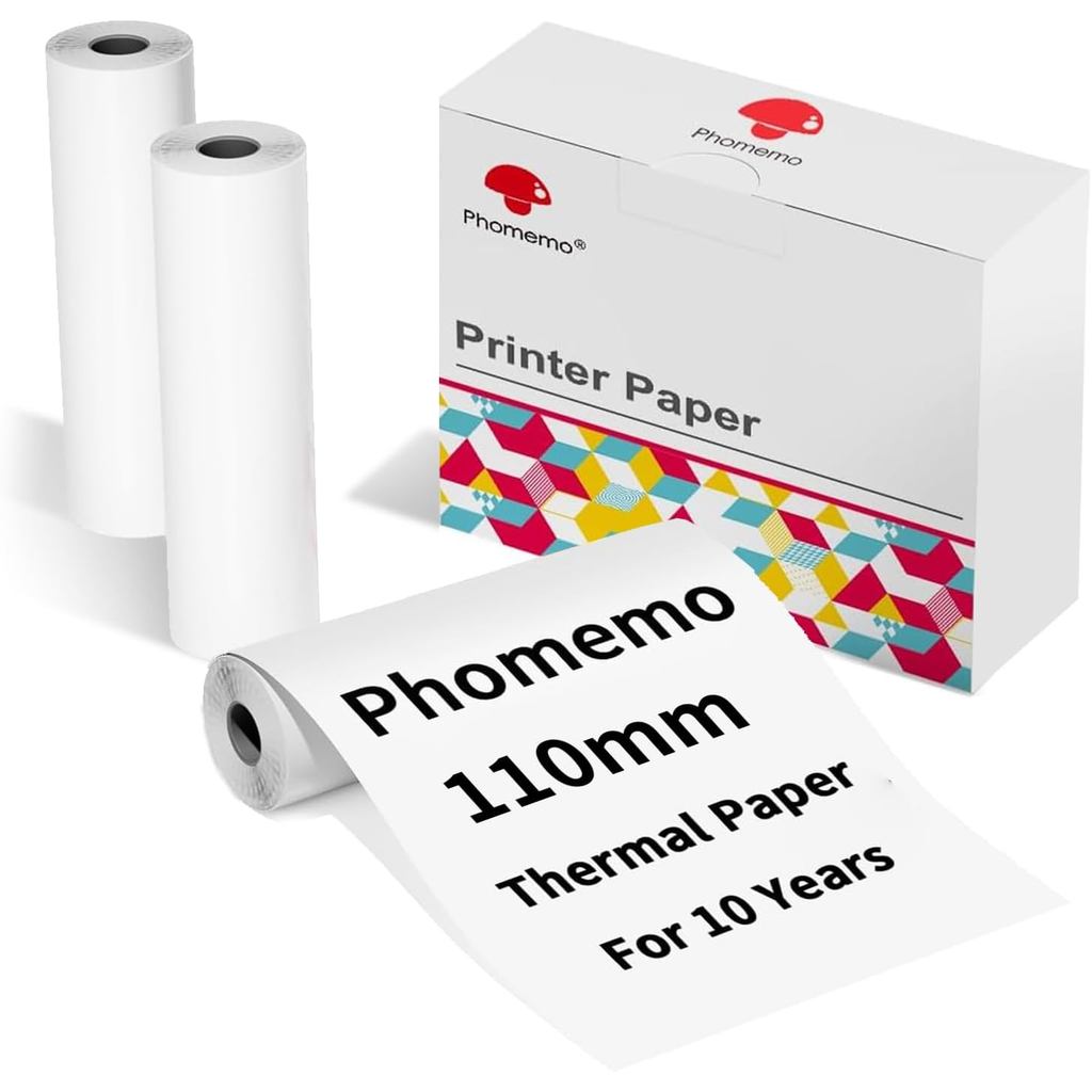 Phomemo กระดาษเครื่องพิมพ์ความร้อน 110 มม. 3 ม้วน, เข้ากันได้กับ M832 M834 M835 M04S M04AS เครื่องพิ