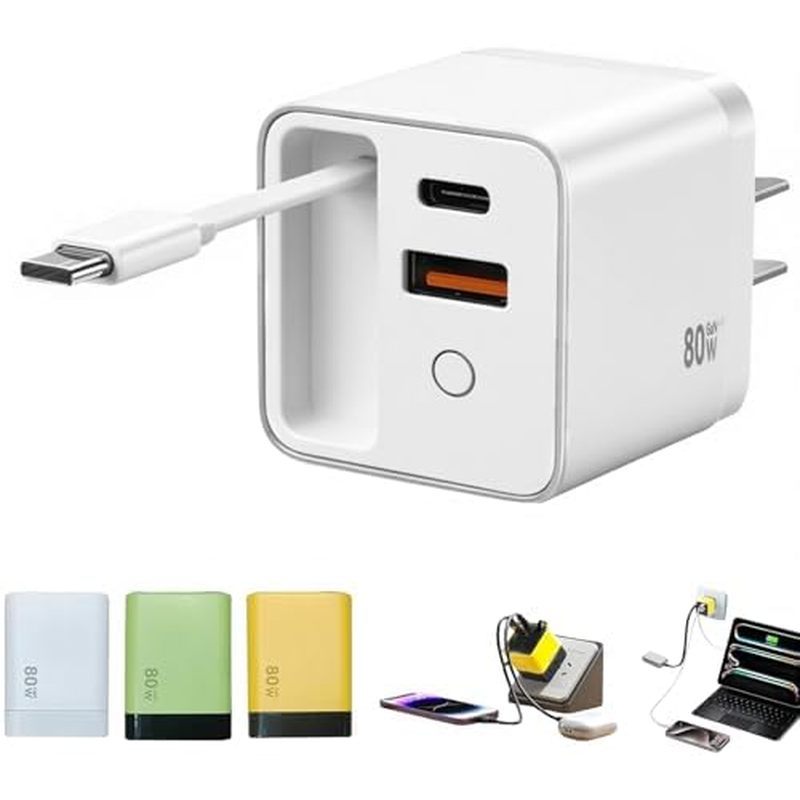 W & O 2 in 1 GaN Charger 40W, ปลั๊กเครื่องชาร์จติดผนังแบบยืดหดได้พร้อมสาย Lightening และ Type-C, Fas