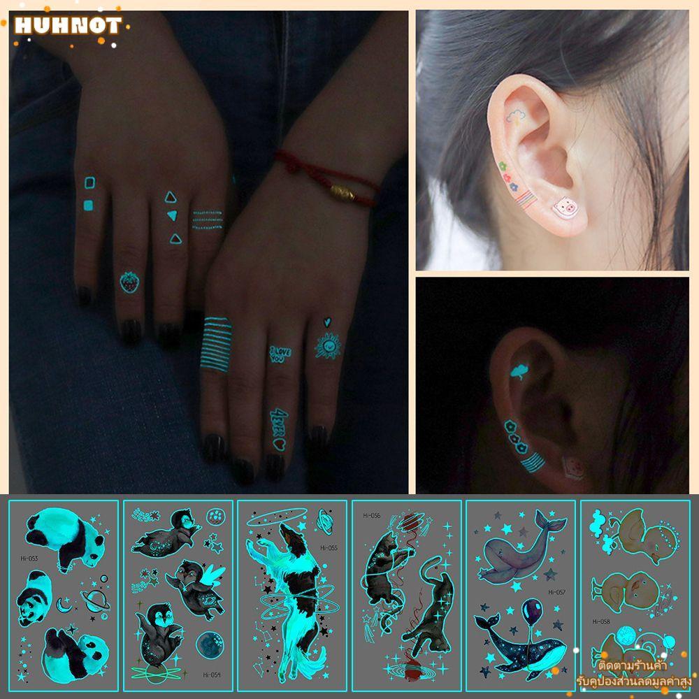 HUHNOT Blue Luminous Fake Tattoo Star Feather กันน้ําที่ถอดออกได้ Tattoo สติกเกอร์
