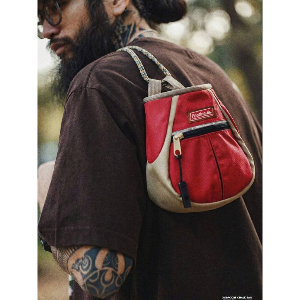 MADEN Men American Mountain Style Chalk Bag Outdoor Crossbody Bag Red Portable Open Top Storage Bag