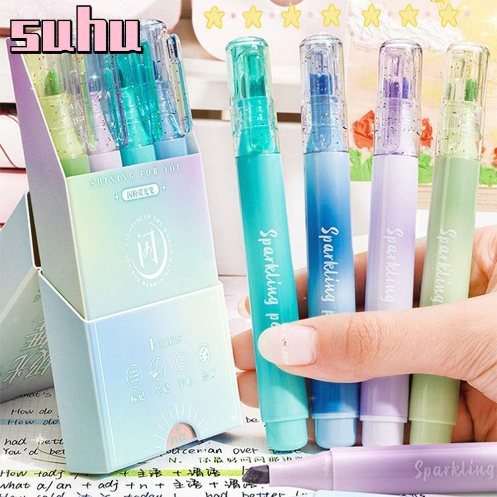 SUHUHD 4PCs/ชุดปากกาไฮไลท์เงา,Glitter Oblique Tip Fluorescent Pen, Creative Eye Protection Hand Acco