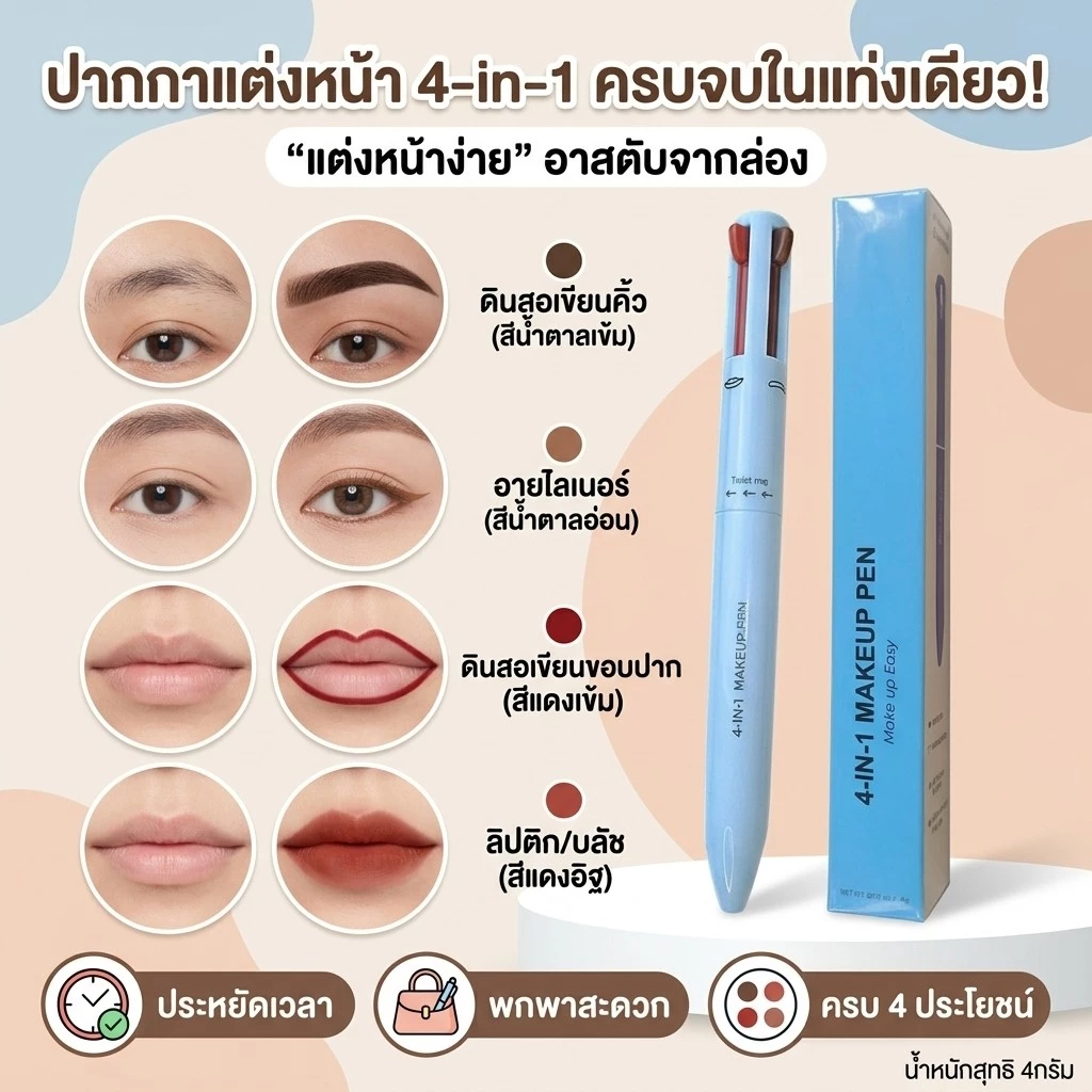 【แต่งหน้าเร็วด้วยเดียว】 ปากกาแต่งหน้า 4 In 1 พกพาสะดวก ปากกาแต่งหน้า / ปากกาเมคอัพ / สี่ในหนึ่ง/ คิ้วอัตโนมัติ ลิเนอร์ตา สายตาแบบเรียบง่าย ลิปไลน์/อเนกประสงค์/เครื่องสำอางพกพา