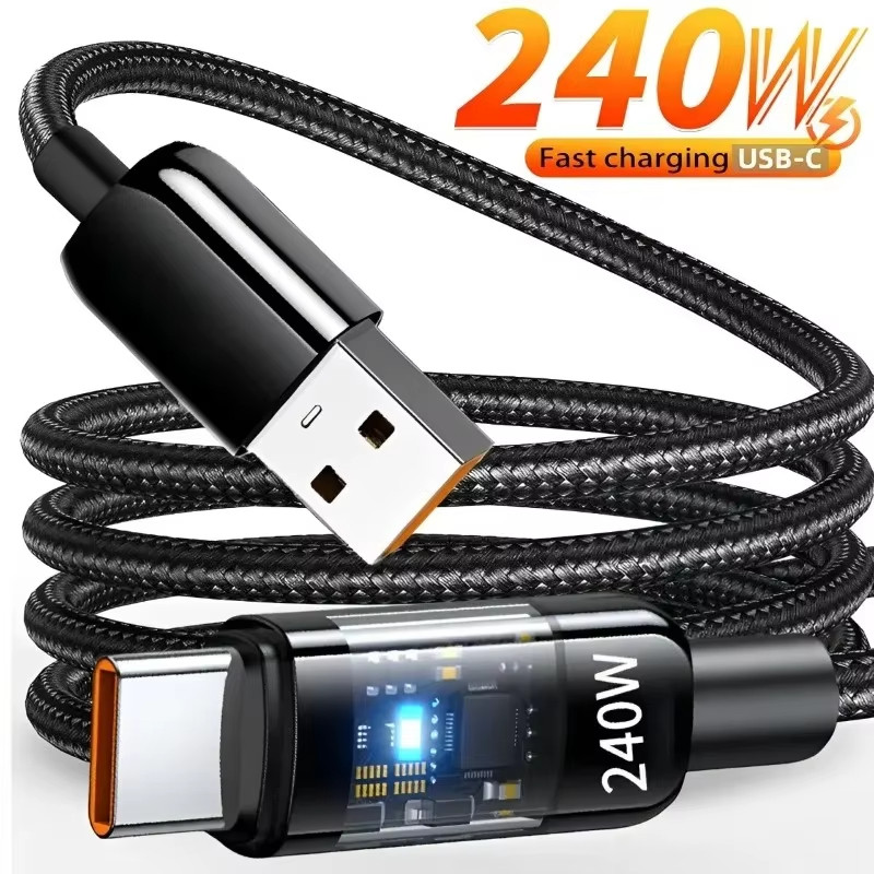 ไฟโปร่งใส Emitting 240W USB To Type C Data Cord - สายชาร์จเร็วแบบถักไนลอนพร้อมแกนทองแดง
