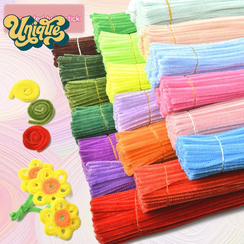 (Unique) 100pcs Fuzzy Wire Chenille Stems DIY แถบ Twist Bar Anvil Wire Craft หัตถกรรมวัสดุ Plush Tub