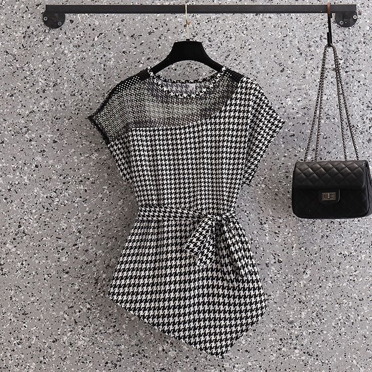 Chic Meshเสื้อ Rhinestone Irregular Mesh Top Slim Waist Tie-up Shirt