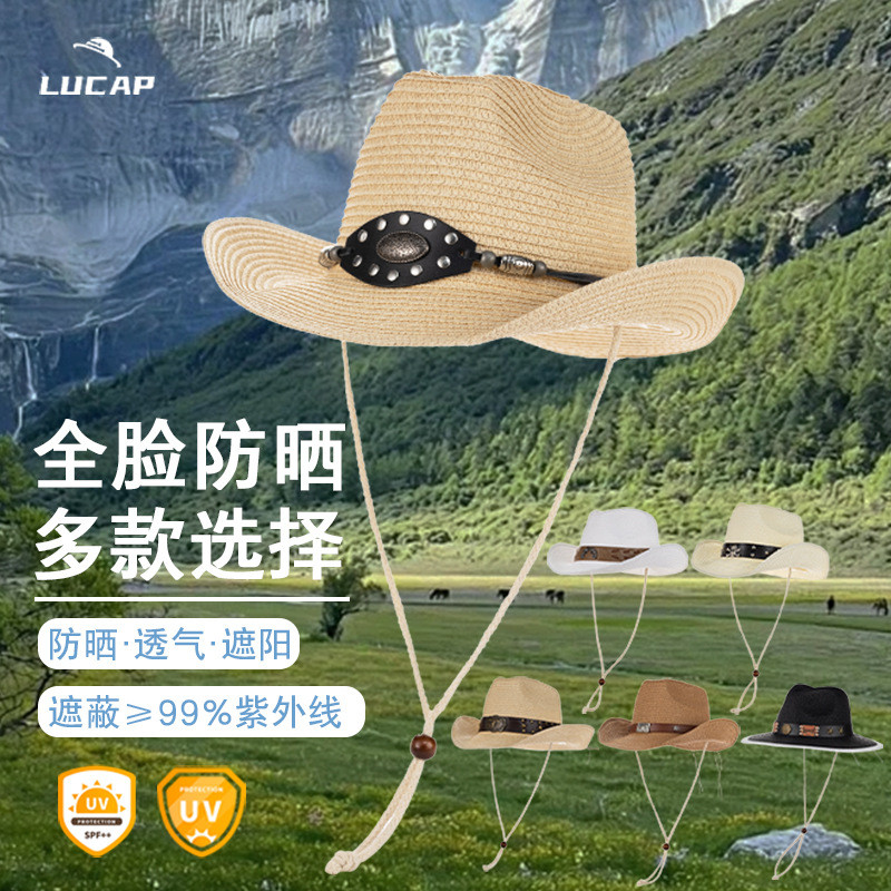 Straw Western Cowboy Hat for Men, Ethnic Style Vintage Knight Outdoor Sun Protection Hat, Western Co