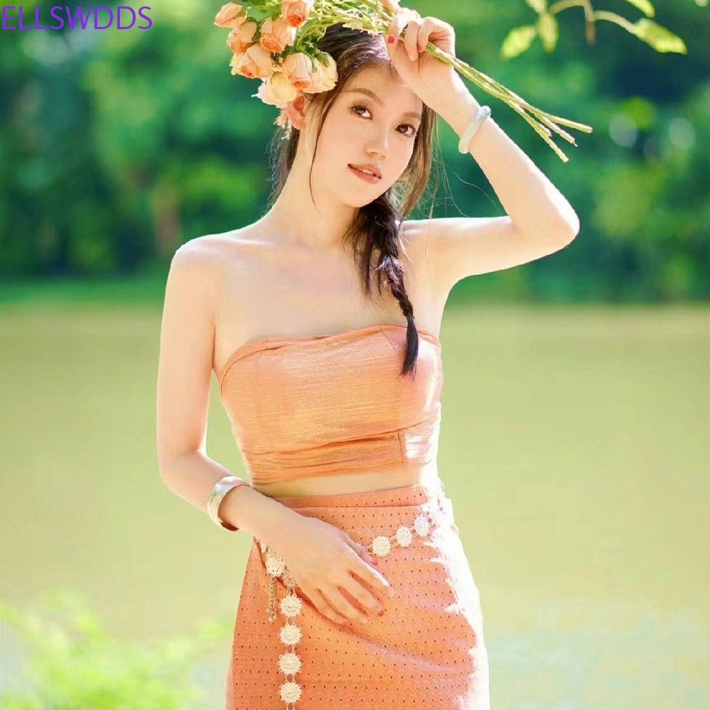 ELLSWDDS เครื่องแต่งกายเทศกาลสงกรานต์, ลูกปัด Boob Tube Top Thailand Festival ชุดกระโปรง, เลื่อมชาติ