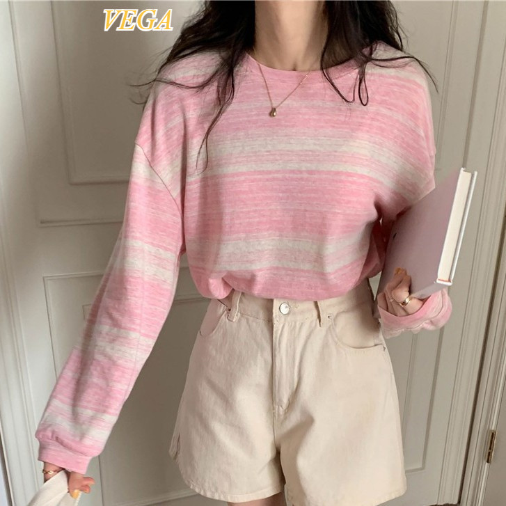 VEGA เสื้อยืดเเขนยาว ลายทาง เนื้อผ้าดีผ้ายืด ไม่ร้อน ทรงหลวม รุ่นW6917