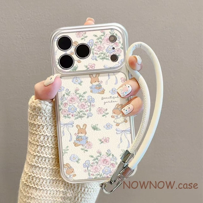 สําหรับ IPhone 17 16 15 14 Plus 13 12 11 Pro Max X XR XS Max ดอกไม้กระต่ายน่ารักเงินหน้าต่างขนาดใหญ่หนังเคสโทรศัพท์ปกอ่อน