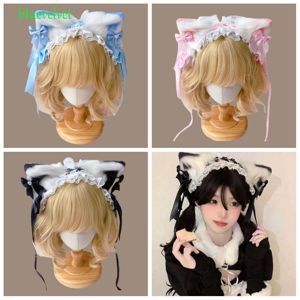 BLUEVELVET Lolita ที่คาดผมลูกไม้,ตุ๊กตาแมวหู Jk Ruffled แถบคาดศีรษะ,หวาน Kawaii อุปกรณ์เสริมผมริบบิ้นโบว์ Barrettes ทุกวัน