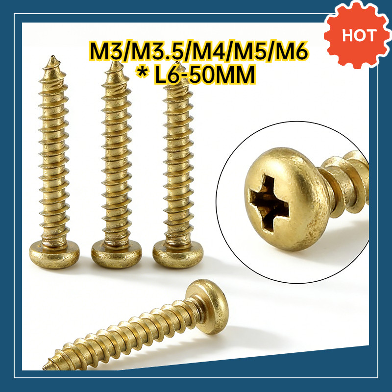 H68 ทองเหลืองข้ามหัวกลมแตะตัวเองสกรูทองแดงเฟอร์นิเจอร์ Self-Tipping สกรูไม้ M3/M3.5/M4/M5/M6 * L6-50