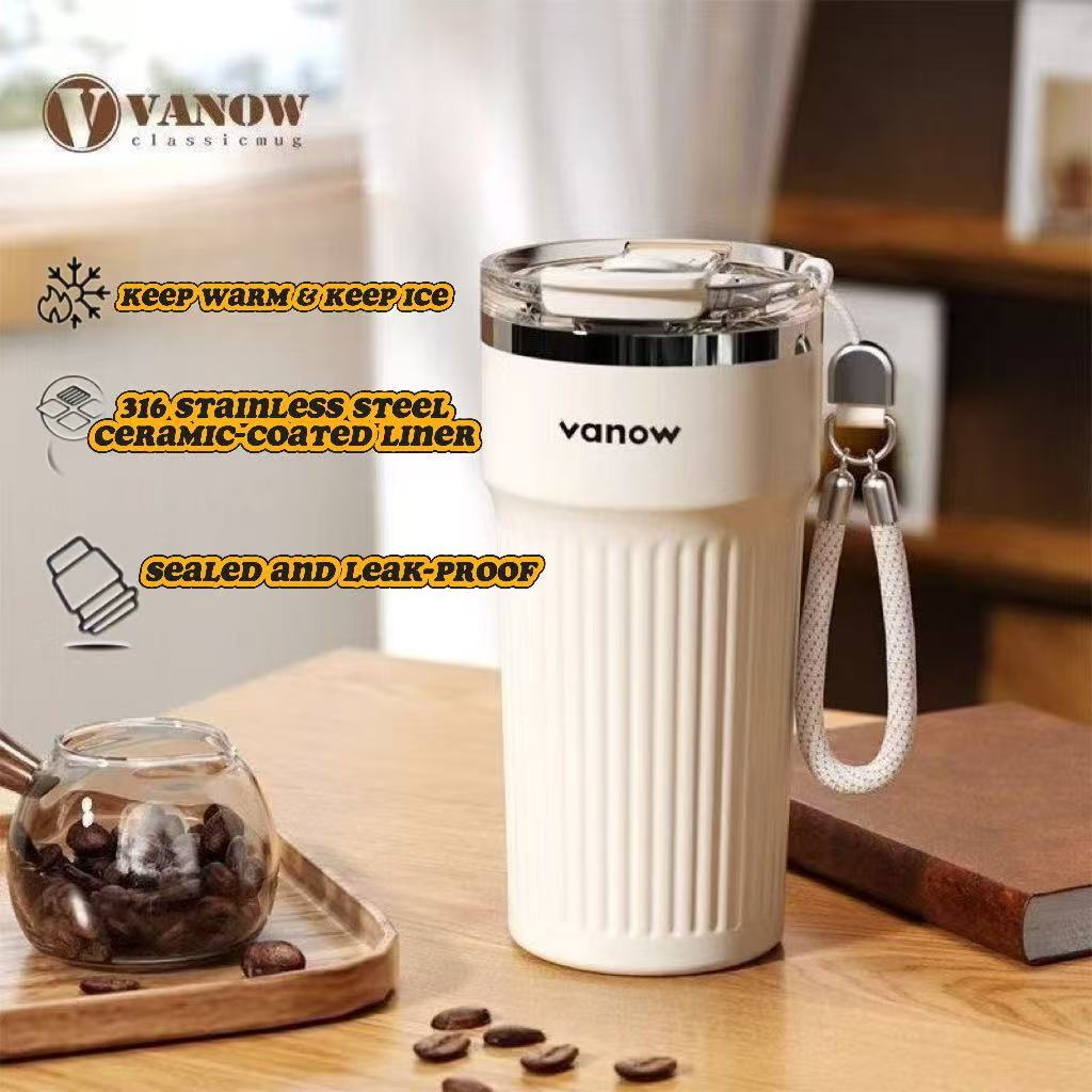 【LUCKY】VANOW แก้วกาแฟเก็บความร้อน เคลือบเซรามิกด้านใน แก้วสแตนเลส 316 พกพาสะดวก พร้อมหลอดดูด เก็บความเย็น ป้องกันการรั่วซึม ความจุ 630 มล.