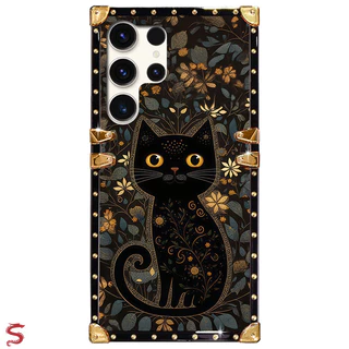 ปลอก Samsung S26 Ultra S25Ultra S24Ultra S24+ S23+ S22 S21 FE Note20 แฟชั่นดอกไม้แมวดํารูปแบบ Square เคสโทรศัพท์กันกระแทก