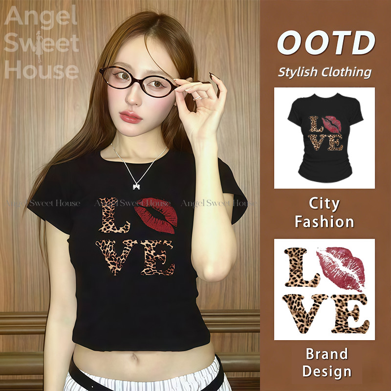 (จัดส่งตลอด 24 ชั่วโมง) Angle Official Baby Tee - เสื้อยืดสไตล์อเมริกันวินเทจเสือดาวพิมพ์ตัวอักษรแขนสั้น #57