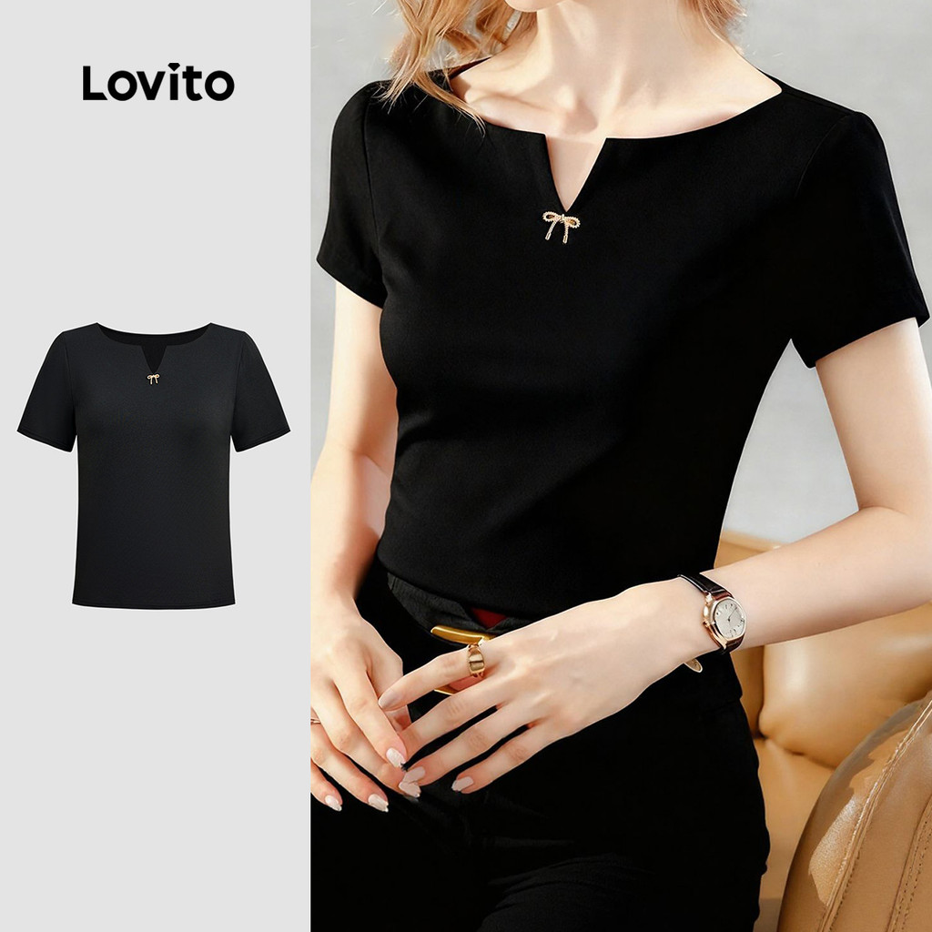 Lovito  เสื้อยืดลําลองสีดําเรียบง่ายสําหรับฤดูใบไม้ผลิ/ฤดูร้อนของผู้หญิง L172ED448