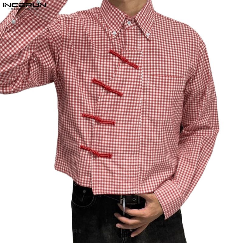 เสื้อลายสก็อตสำหรับผู้ชาย สไตล์เกาหลีและจีน แขนยาวพร้อมปุ่ม