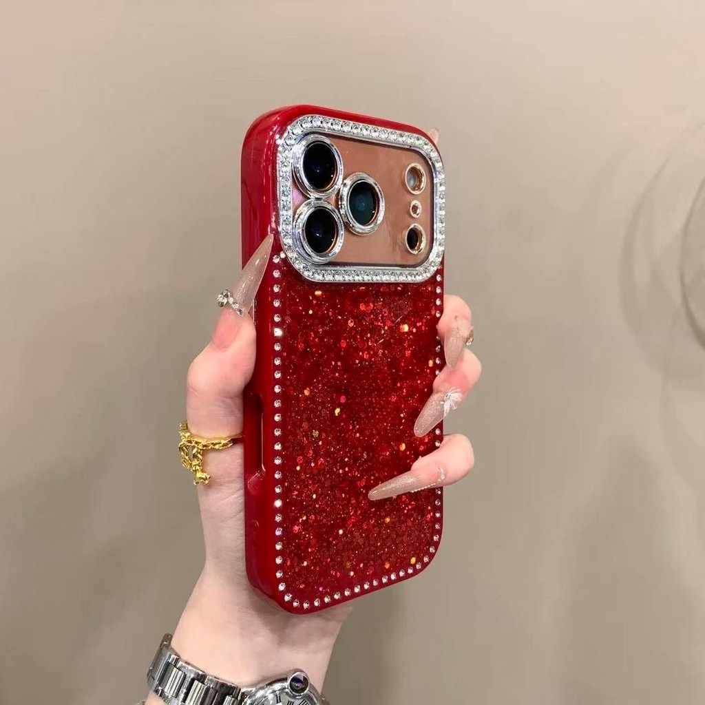หรูหราแฟลชสีแดงเต็มรูปแบบเพชรขอบเคสโทรศัพท์สําหรับ ไอโฟน17 16 15 14 13 มือโปร สูงสุด กันกระแทกกล้องป้องกัน หยด-การพิสูจน์ ฮาร์ดปกหลัง