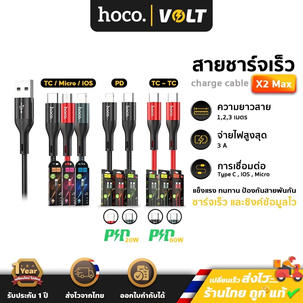 Hoco X2 Max สายชาร์จถัก 3A ชาร์จเร็วถ่ายโอนข้อมูลได้ ยาว 1 / 2 / 3 เมตร Charging Data Cable สายชาร์จ hc1