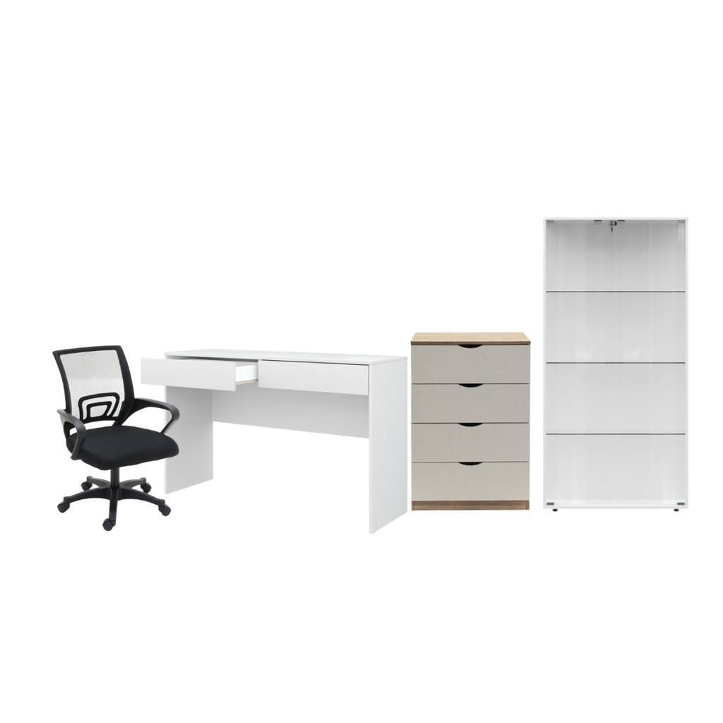 SB Design Square ชุดโต๊ะทำงาน รุ่น Pause & ตู้โชว์กระจกใส Bebby สีขาว  แบรนด์ KONCEPT FURNITURE