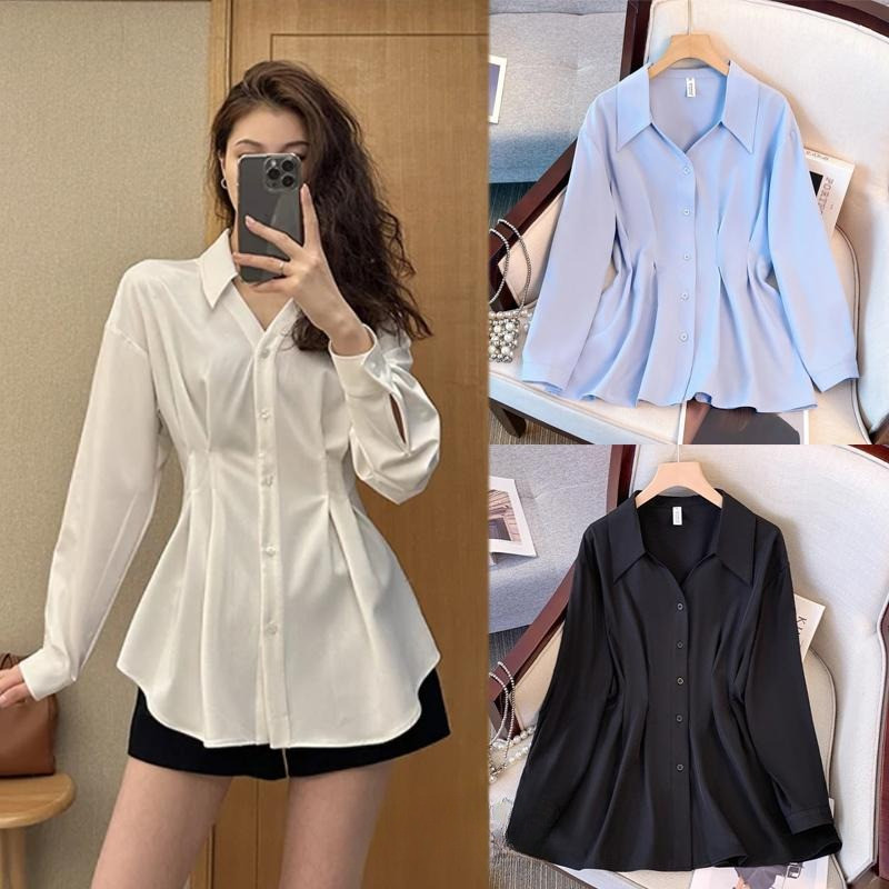 PoPpy#เสื้อเชิ้ตผู้หญิง แขนยาว คอวี เอวเข้ารูปมีจีบ เหมาะสำหรับผู้หญิงไซส์ใหญ่ ทรงหลวม ใส่สบาย มีหลายสีให้เลือก#99321