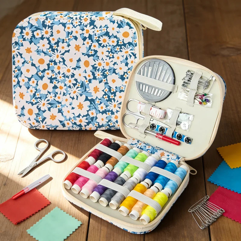 Leather blue printed needle and thread bag, hand sewn needle and thread for home use, regular needle