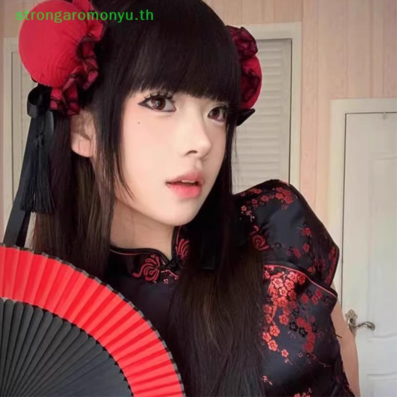 Strongaromonyu Cheongsam Headdress Chun-Li - ผม Bun และลูกไม้โบว์สำหรับคอสเพลย์ สไตล์จีน พร้อมสร้อยค