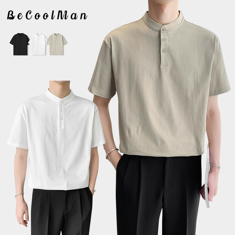 💥BecoolMan💥เสื้อยืดวินเทจสไตล์ญี่ปุ่น เสื้อคอปก Henry ทรงหลวม ลำลอง สีล้วน เรียบง่ายแมทช์ง่าย