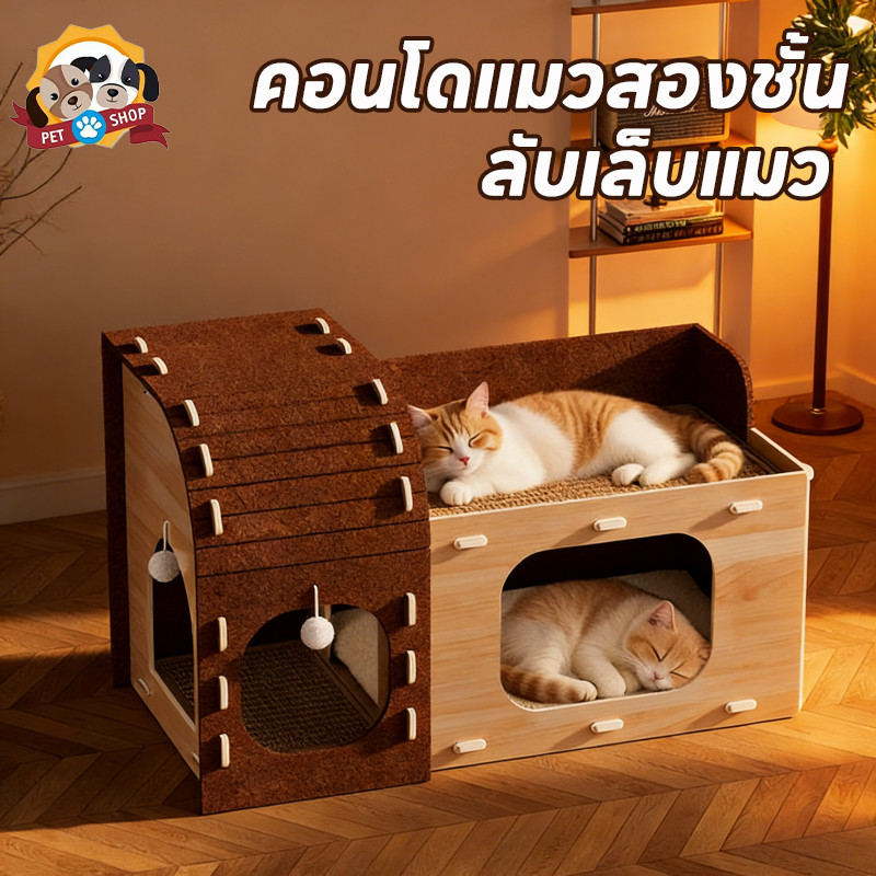 บ้านแมวความชื้นหลักฐาน คอนโดแมว ที่นอนแมว ทนต่อการขีดข่วน เสื่อปอกระเจา ความชื้นหลักฐาน
