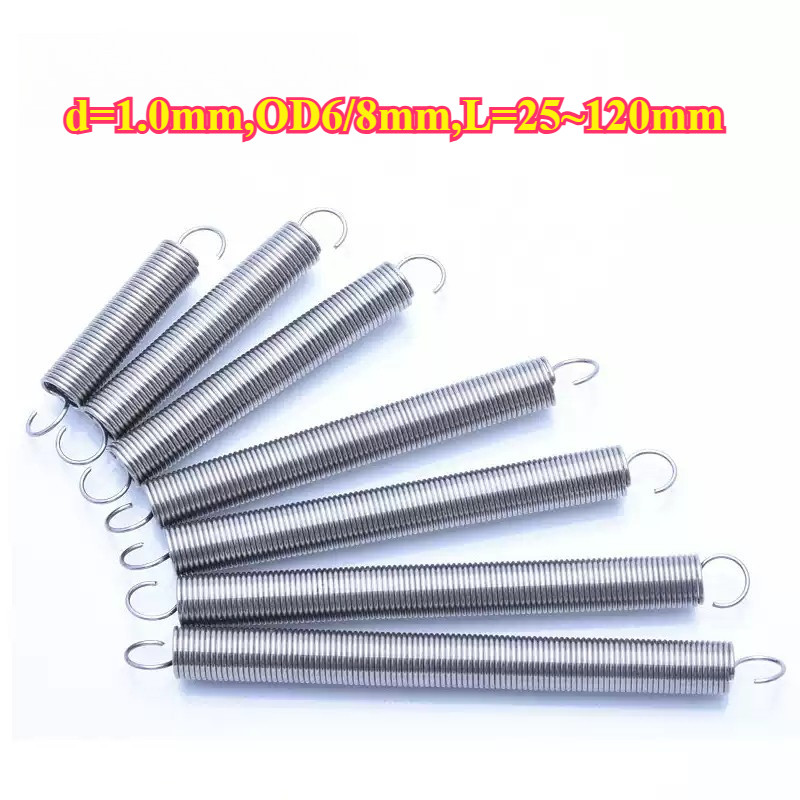304 สแตนเลส สปริงความตึงเครียด/สปริง d=1.0 มม.,OD6/8 มม.,L=25~120 มม. สปริงดึงพร้อมตะขอ ทาประตูโรงรถ