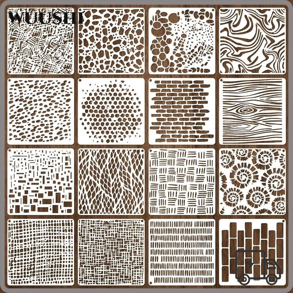 WUSHI 16pcs Craft Stencils,Reusable Textured ภาพวาด Stencils, Creative Hollow-out พลาสติกพื้นหลัง St